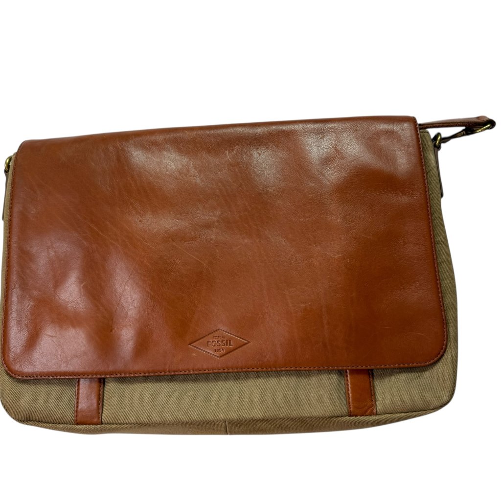 Fossil Leather Brown Laptop Messenger Bag. Cotton Canvas. Includes Strap